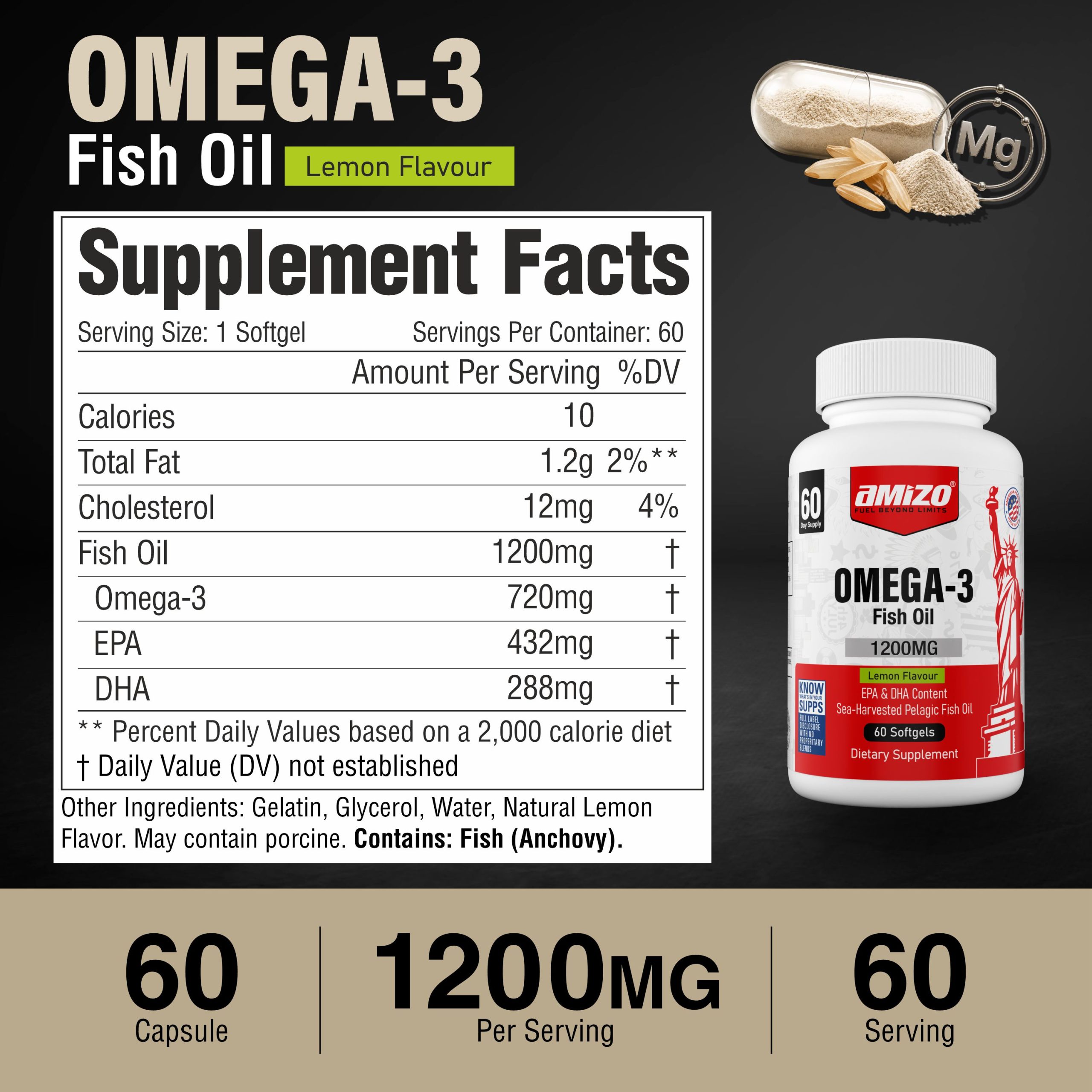 AMIZO Omega 3 Fish Oil 1200mg, Lemon Flavor, 60 Softgels - Image 8