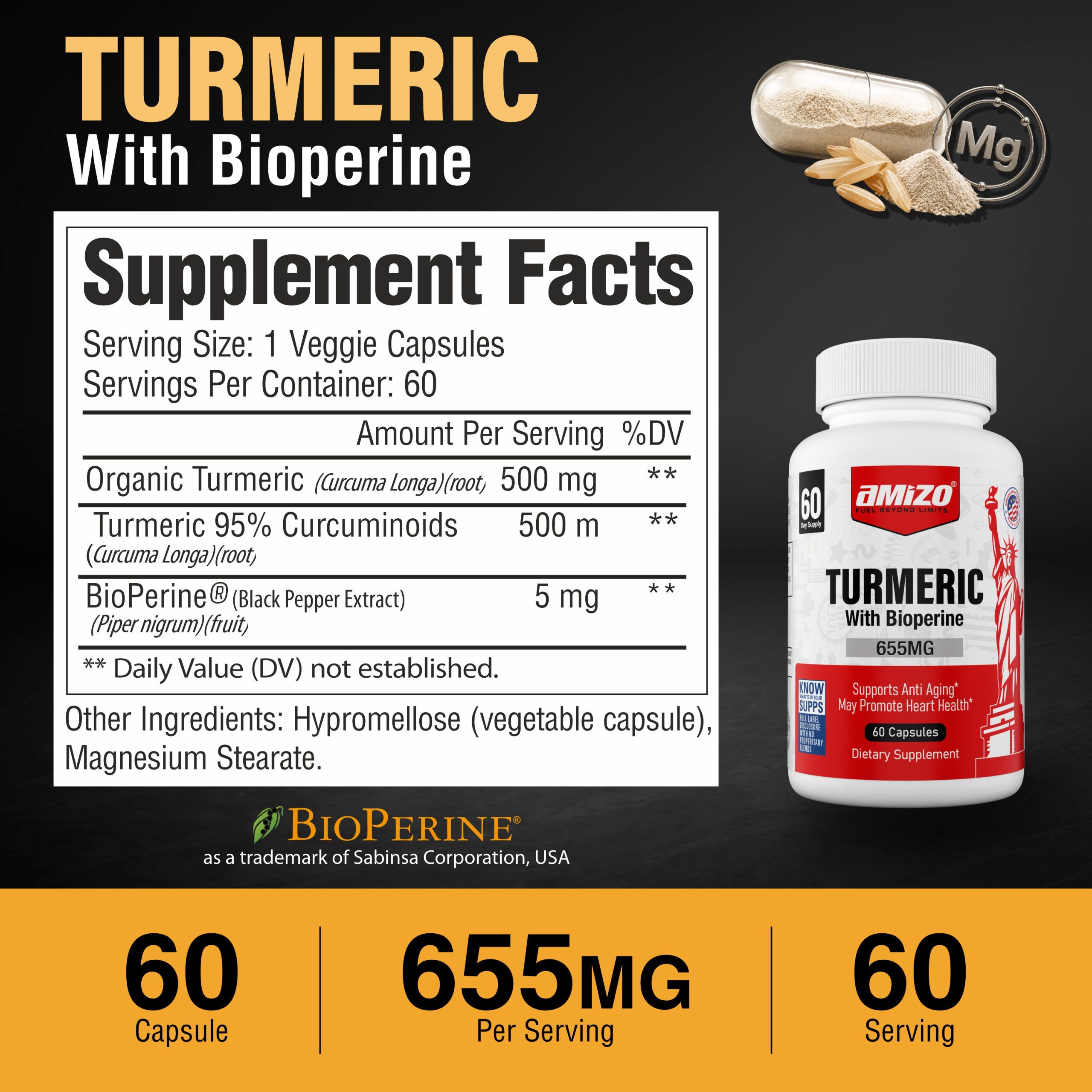 AMIZO Turmeric Curcumin with Black Pepper, 1000mg 60 Capsules - Image 7