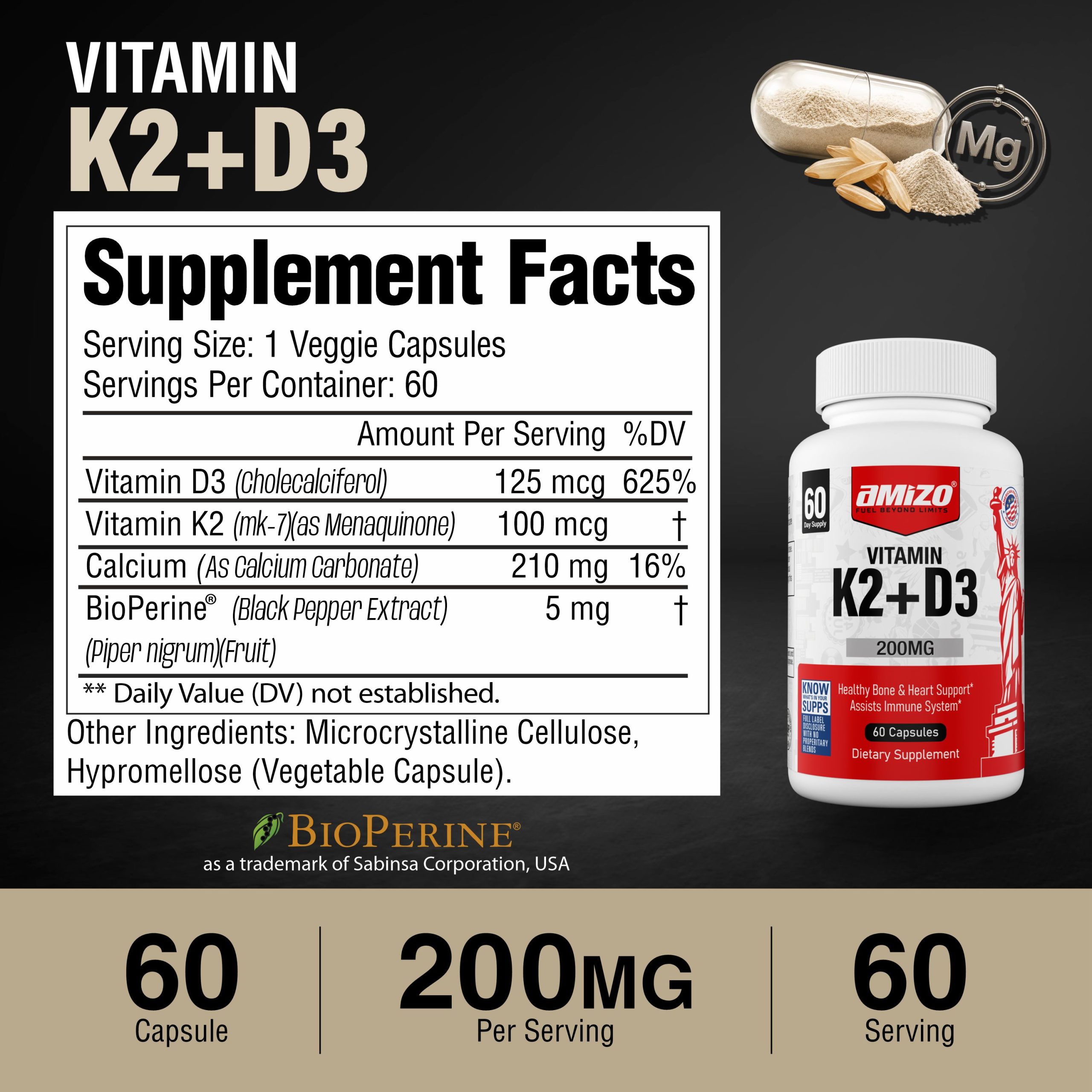 AMIZO Vitamin D3 K2 5000 IU, 60 Veggie Capsules - Image 8