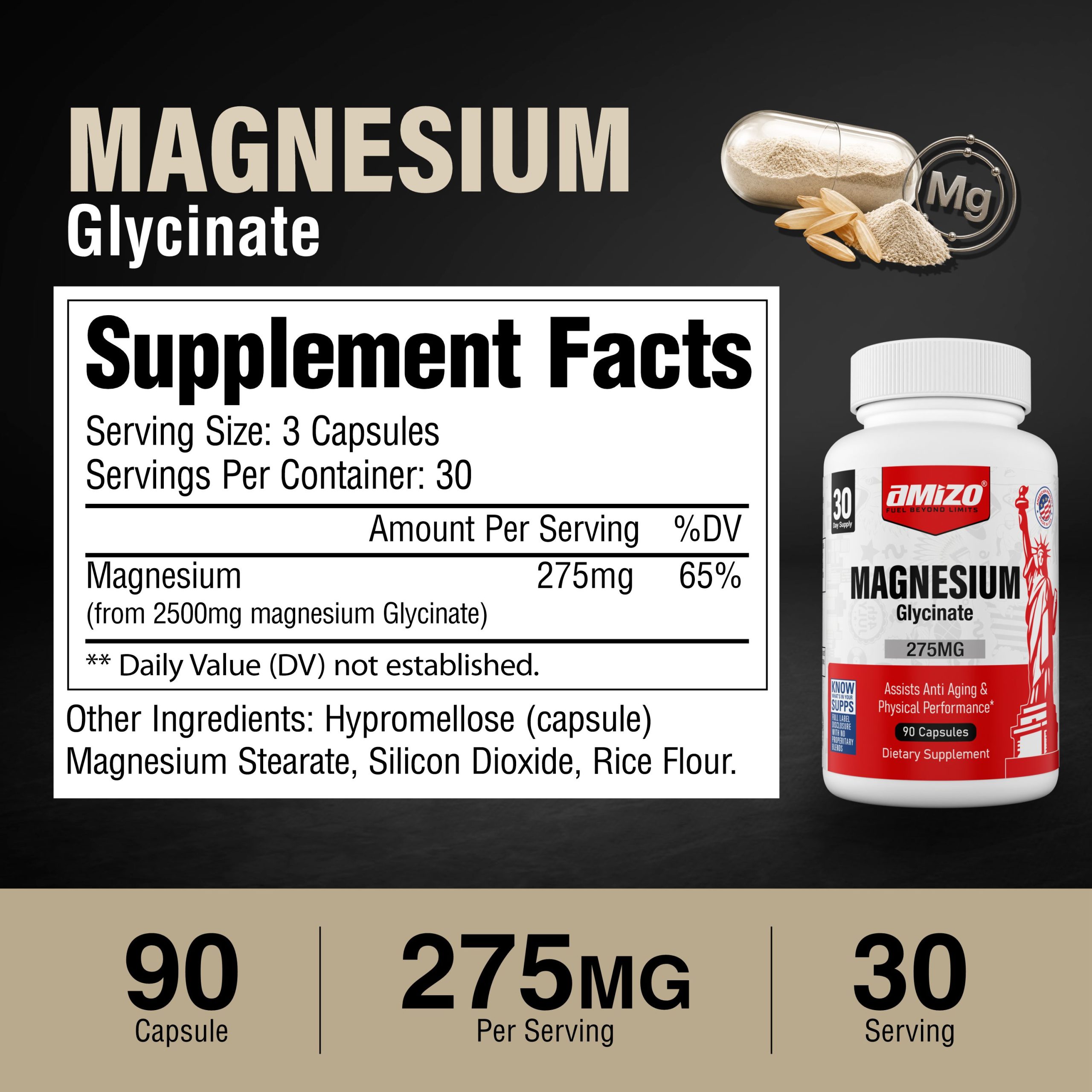 AMIZO Magnesium Glycinate 275mg, 90 Capsules - Image 8