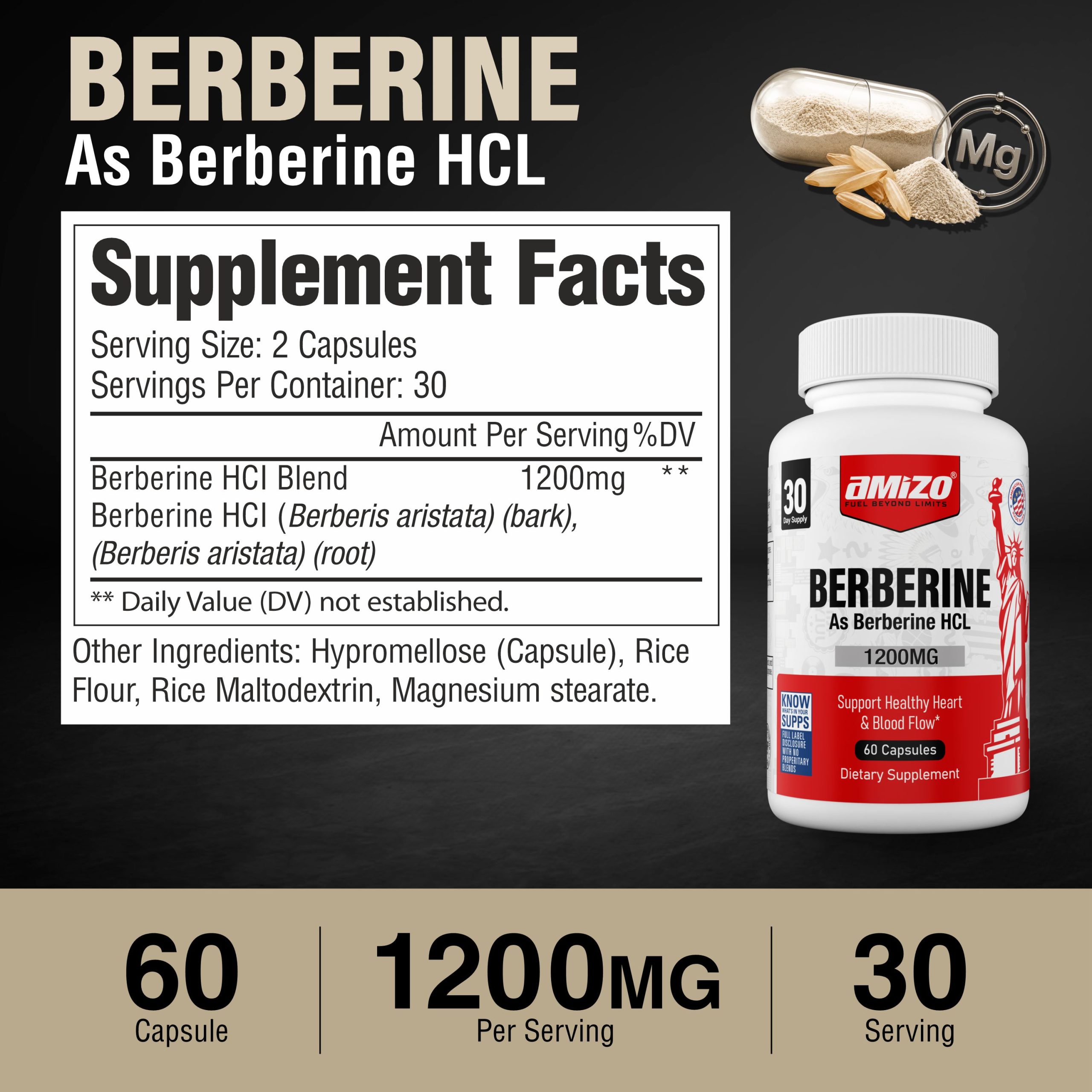 AMIZO Berberine 1200mg, Berberine HCl, 60 Capsules - Image 8