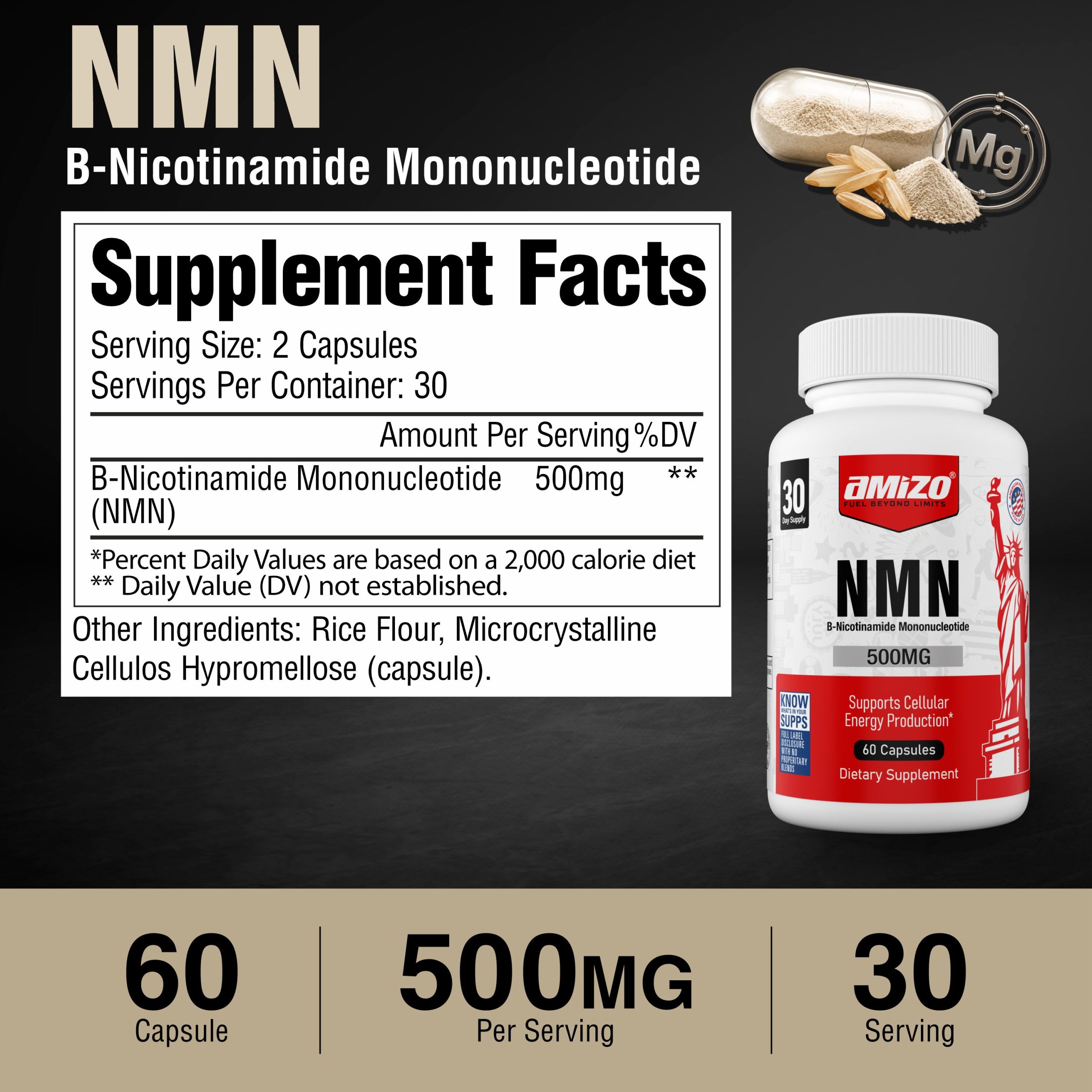 AMIZO NMN Supplement 500mg, Nicotinamide Mononucleotide, 60 Capsules, 30 Day Supply - Image 8